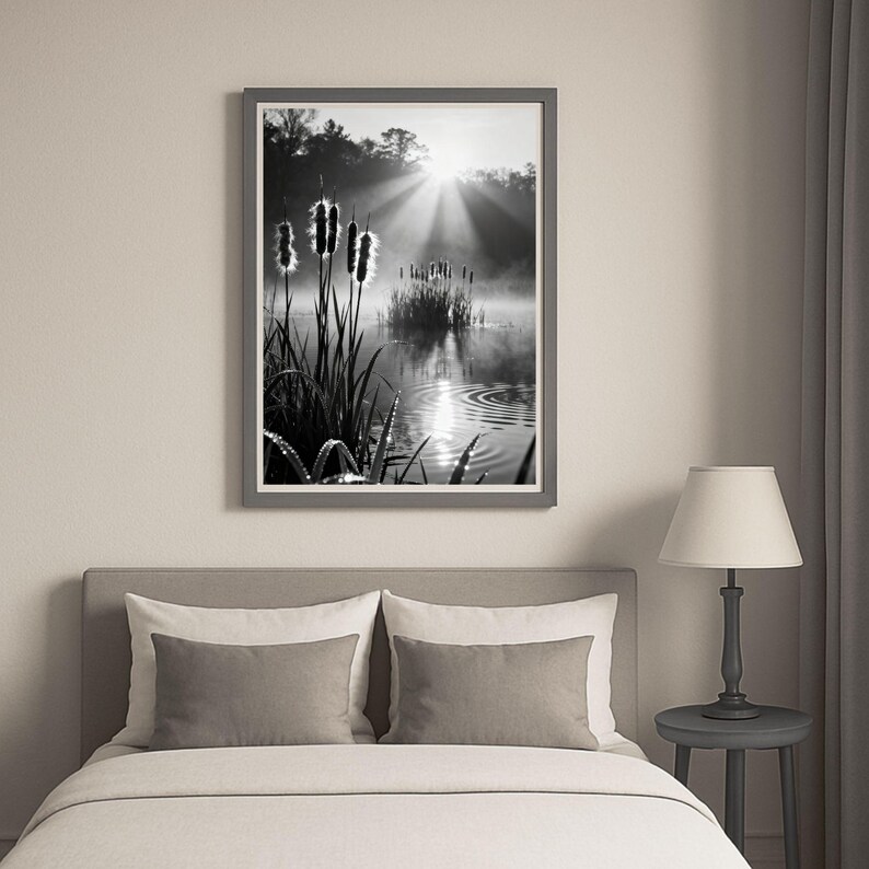 May include: Monochrome framed print depicting a tranquil lake scene. The image features bulrushes and other aquatic plants, with sunlight piercing through the mist. The artwork is displayed above a bed with grey pillows and a lamp.