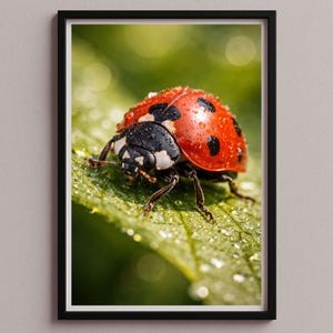 May include: A framed close-up photograph of a ladybug on a green leaf covered in water droplets. The ladybug has a red shell with black spots and a black head. The background is blurred green.
