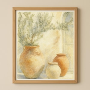 May include: Watercolor painting of three terracotta vases, one large with greenery, and two smaller ones. The artwork is framed in a light brown wooden frame. The background features a window and a light-colored wall.