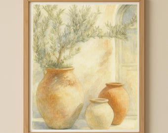 Wandbild Tonkrüge mit Olivenzweig – Mediterranes Aquarell Poster im Boho Stil | Digitales Bild zum Ausdrucken | Pflanzenbild