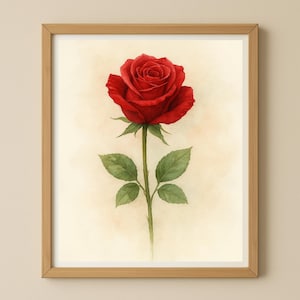 Red Rose Watercolor Print – Botanical Vintage Wall Art | Digital Download | Romantic Gift Idea | 5 High-Res Sizes (300 dpi) painting picture