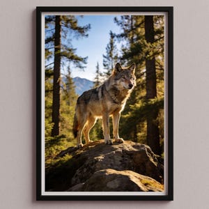 Könnte beinhalten: Gerahmter Druck mit einem Wolf, der auf einem Felsen in einem Wald steht. Der Wolf hat graues und braunes Fell und wird von Sonnenlicht beleuchtet. Der Hintergrund zeigt hohe Bäume und eine Bergkette unter blauem Himmel.