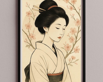 芸者ウォールアートポスター画像 - 日本の女性の桜 - 描画、絵画 - アジア美術 - デジタルダウンロードプリント、JPG、jap-5