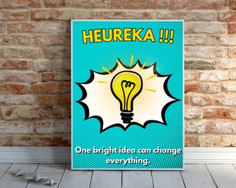 HEUREKA Poster • Comic Style Light Bulb Wall Art • Digital Instant Download • Motivational Office Decor • Printable A4,A3,A2,A1