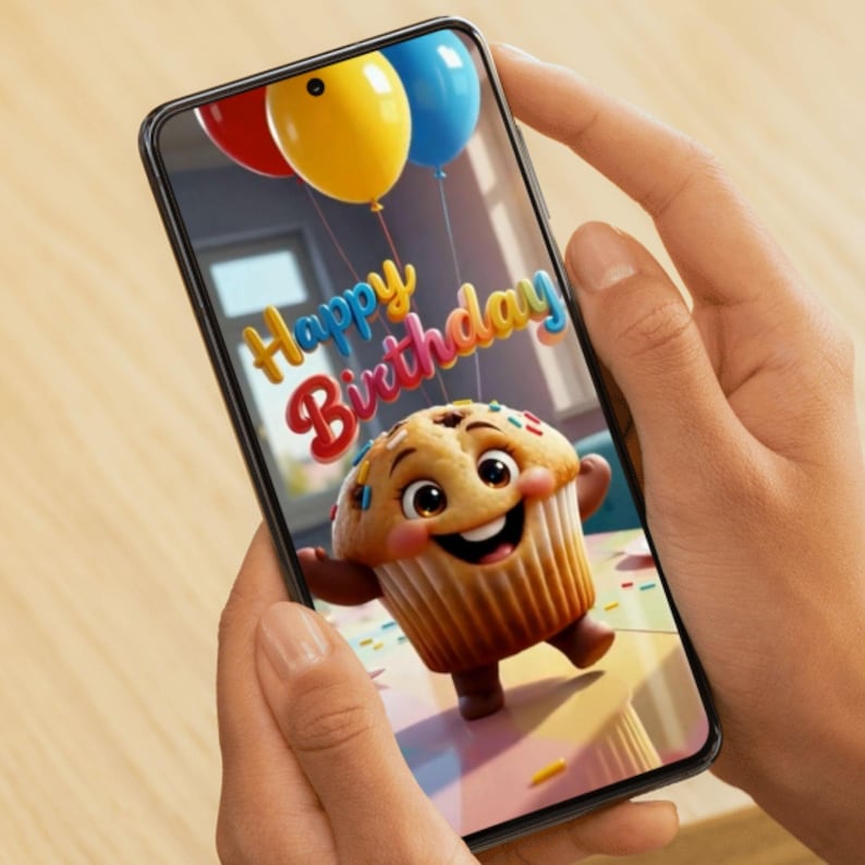 May include: A smartphone displaying a digital illustration of a smiling, anthropomorphic cupcake with colorful sprinkles. Above the cupcake, red, yellow, and blue balloons float. The text Happy Birthday is written in a playful, multi-colored font.