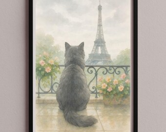 Cat Wall Art Poster Picture – Cat in Paris with Eiffel Tower – Romantic Watercolor Animal Print – Digital Cat Artwork Download Print, an-20