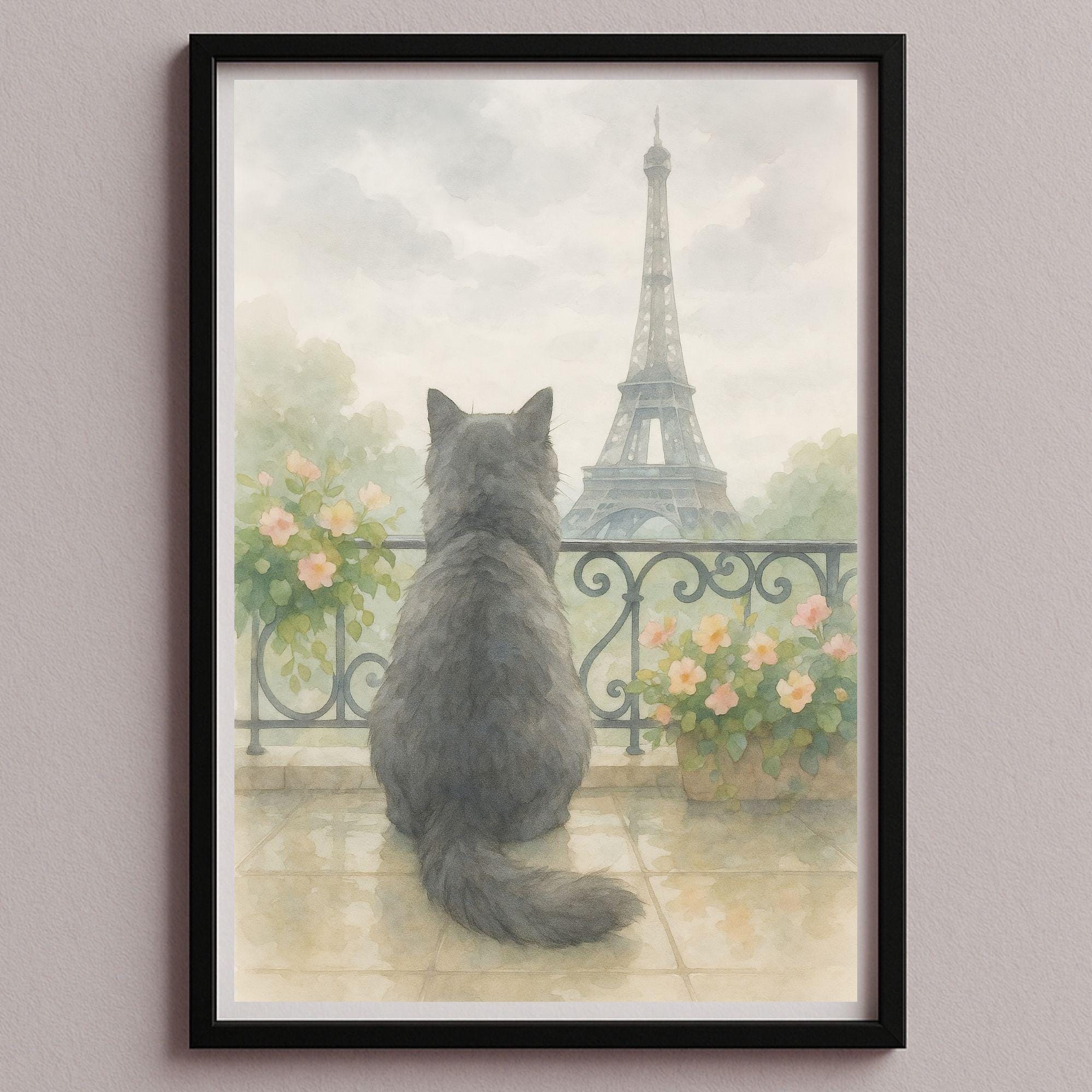 Cat Wall Art Poster Picture – Cat in Paris With Eiffel Tower – Romantic ...