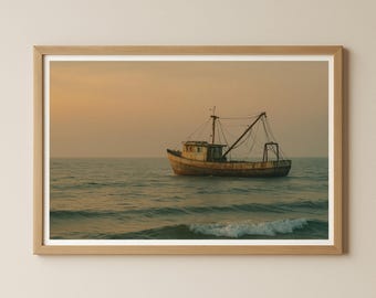漁船のウォールアートポスター - デジタルウォールアート 海の夕日 - ヴィンテージボート写真 - 海岸モチーフの絵、風景画