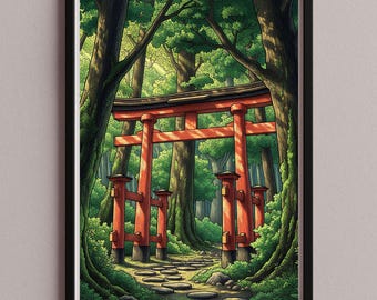 Wall Art Poster Picture – Japanese Torii Gate in Forest Landscape Illustration – Digital Download Print JPG, jap-4
