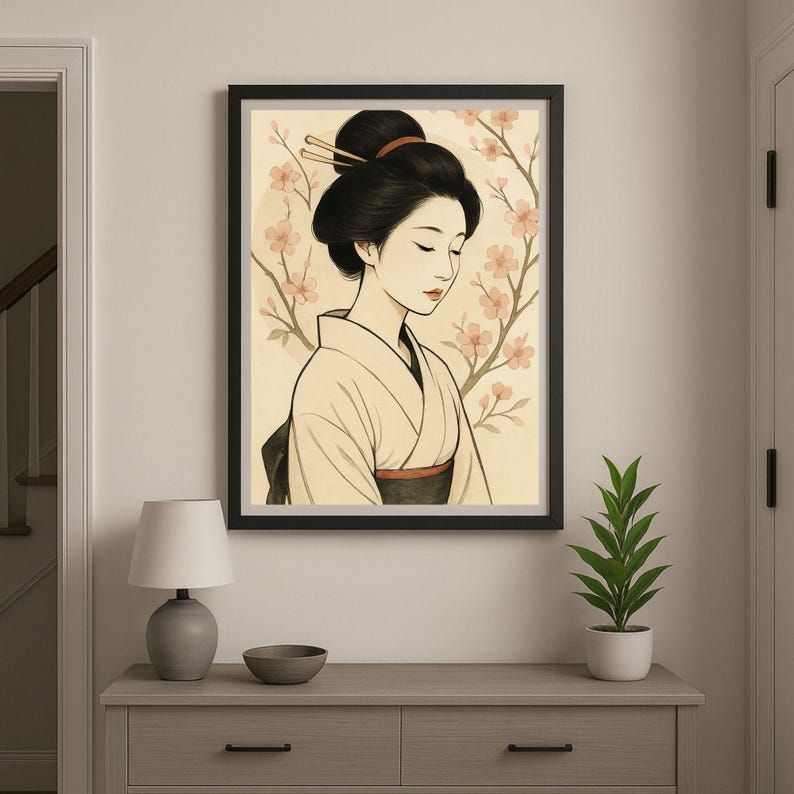 Geisha Wall Art Picture Poster – Japanese Woman Kimono Cherry Blossoms ...