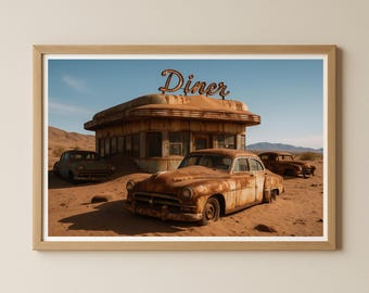 Desert Diner Wall Art – Vintage Rusty Car Printable Poster, Abandoned Gas Station, Retro Americana Landscape, Digital Download, apocalyptic