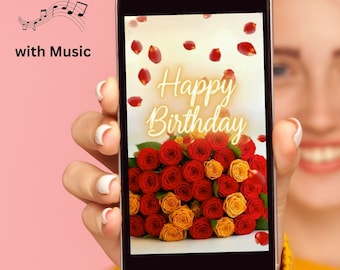 Digital Birthday E-Card Video with Music – Happy Birthday Roses – 13 Seconds – Female Voice Singing – 1080x1920, HB-7
