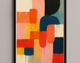 Póster de arte mural abstracto: juego de colores moderno en rojo, naranja y azul. Descarga digital para sala de estar (JPG, abs-7).