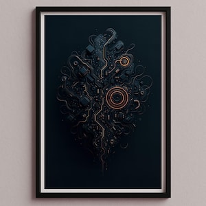 May include: Framed art print depicting an abstract circuit board design. The artwork features a complex arrangement of interconnected components in black, with copper-coloured accents. The print is encased in a black frame.