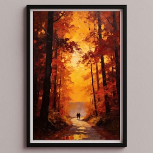 Könnte beinhalten: Ölgemälde einer Waldszene im Herbst. Das Kunstwerk zeigt einen Weg, der in die Ferne führt, flankiert von hohen Bäumen mit leuchtend roten und orangen Blättern. Zwei Figuren gehen auf dem Weg. Das Gemälde ist in einem schwarzen Rahmen gerahmt.