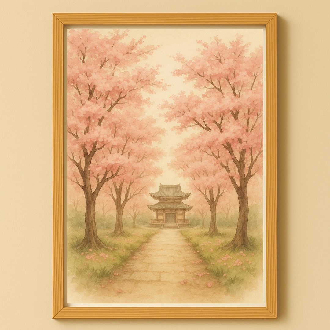 Cherry Blossom Wall Art Poster Print – Japanese Temple Path Watercolor ...