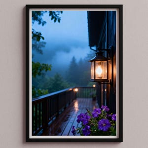 Puede incluir: Fotografía enmarcada de una terraza de madera con una linterna encendida y flores moradas. La terraza da a un bosque brumoso. La linterna está montada en una pared de madera, y la barandilla de la terraza tiene pequeñas luces.