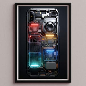 以下が含まれることがあります： スマートフォン内部のコンポーネントを示す額装プリント。画像は、複雑な回路、プロセッサ、その他の要素を、赤、青、緑の鮮やかなネオン照明で明らかにしています。電話のデザインは黒い背景に表示されています。