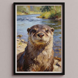 Könnte beinhalten: Gerahmter Kunstdruck einer Otter in einem Fluss. Die Otter hat braunes Fell und blickt direkt in die Kamera. Der Hintergrund zeigt einen blauen Fluss und grüne Bäume, gemalt im impressionistischen Stil.
