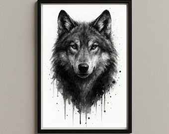 Wolf Wall Art Poster Picture – Animal Black and White Watercolor – Digital Download – Printable Artwork JPG, an-10