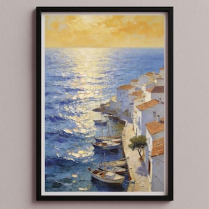 May include: Oil painting of a coastal village with white buildings and red tile roofs. The sea is a deep blue with shimmering sunlight. Several small boats are docked along the shore. The sky is a warm yellow.
