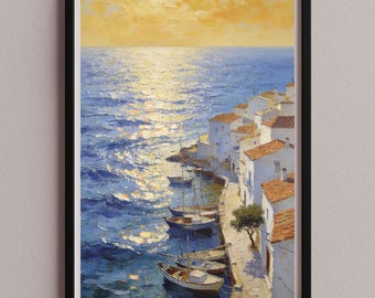 Mediterranean Coastal Town Wall Art Picture Poster – Harbor with Boats & Sea – Oil Painting Style – Digital Print JPG – sze-155