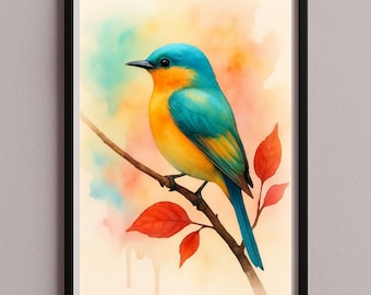 May include: A framed watercolor painting of a vibrant blue, orange, and yellow bird perched on a brown branch with red leaves. The background features a soft blend of orange, yellow, and teal hues, creating a colorful and artistic scene.