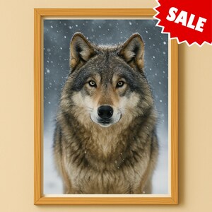 Könnte beinhalten: Gerahmter Druck eines Wolfes mit braunem und grauem Fell vor einem schneebedeckten Hintergrund. Der intensive Blick des Wolfes ist nach vorne gerichtet. Ein roter "SALE"-Aufkleber befindet sich in der oberen rechten Ecke. Der Rahmen ist hellbraun.
