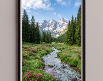 Mountain Valley Wall Art Picture Poster – Stream Flowers Meadow Alpine Landscape Nature Calm Panorama Printable Download JPG sze-298