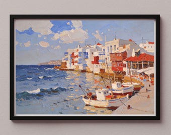 Mediterranean Harbor Wall Art Picture Poster – Coastal Town with Boats – Oil Painting Style – Digital Print JPG – sze-152