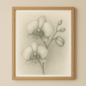 May include: A framed pencil sketch depicting two orchids and several buds on a stem. The artwork is in a light beige tone, with a natural wood frame. The drawing showcases detailed shading and delicate lines, capturing the orchids' intricate petal structure.