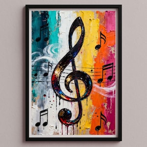 May include: Framed art print with an abstract design. A large, black treble clef is the focal point, set against a backdrop of vertical stripes in teal, white, yellow, orange, and pink. Black musical notes are scattered across the canvas.