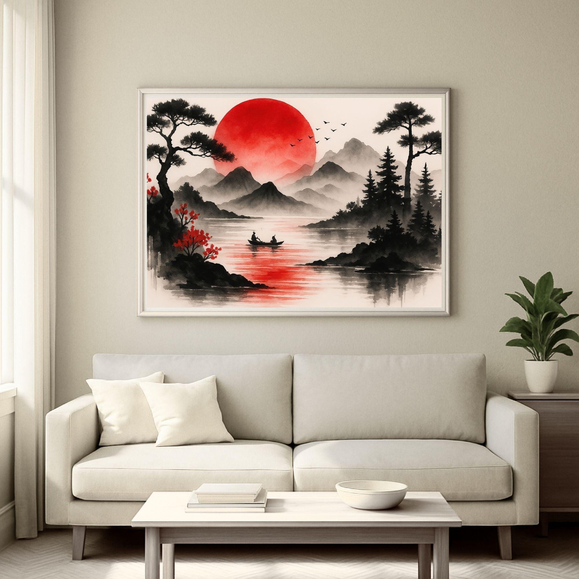 Japanese Wall Art Picture Poster – Red Sun Over Lake and Mountains
