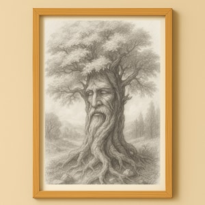 Tree Face Poster | Mystical Forest Spirit Art | Nature Sketch Printable | Fantasy Wall Decor Gift, 5 different formats Image