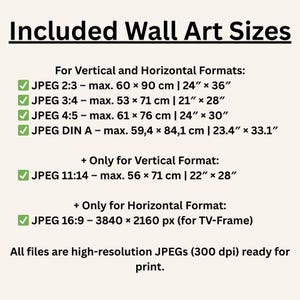 May include: Image showing included wall art sizes for print. Formats include JPEG 2:3 (max. 60 x 90 cm), JPEG 3:4 (max. 53 x 71 cm), JPEG 4:5 (max. 61 x 76 cm), and JPEG DIN A (max. 59.4 x 84.1 cm). Vertical format options include JPEG 11:14 (max. 56 x 71 cm). Horizontal format is JPEG 16:9.