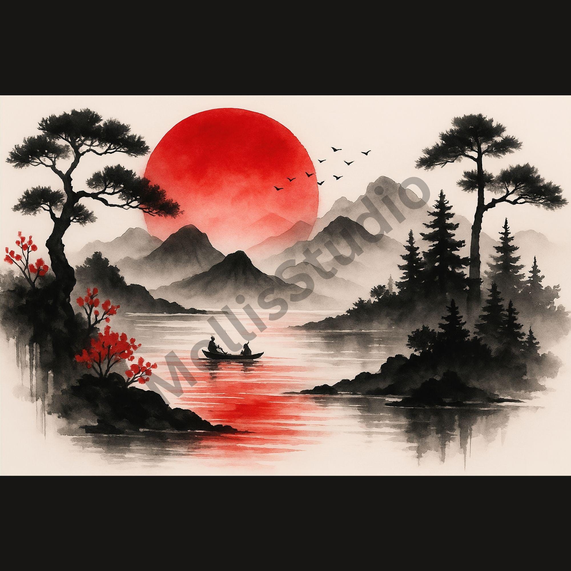 Japanese Wall Art Picture Poster – Red Sun Over Lake and Mountains