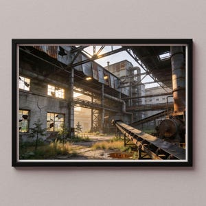 Könnte beinhalten: Gerahmter Druck eines verlassenen Industriegebäudes. Die Szene zeigt zerbrochene Fenster, verrostete Metallstrukturen und ein Förderband. Das Bild ist schwarz gerahmt und hat eine düstere, postapokalyptische Ästhetik.