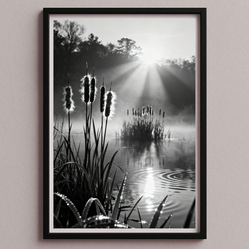 May include: Monochrome framed print of a tranquil wetland. Cattails with fluffy seed heads are in the foreground, with sunlight breaking through the trees in the background. Water droplets glisten on the reeds.