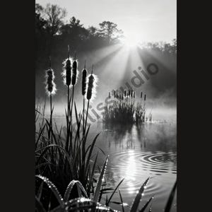 May include: A monochrome photograph of a tranquil lake scene at dawn. Reeds with fluffy seed heads are in the foreground, with water droplets on the blades of grass. The sun's rays shine through the trees, creating a peaceful atmosphere.