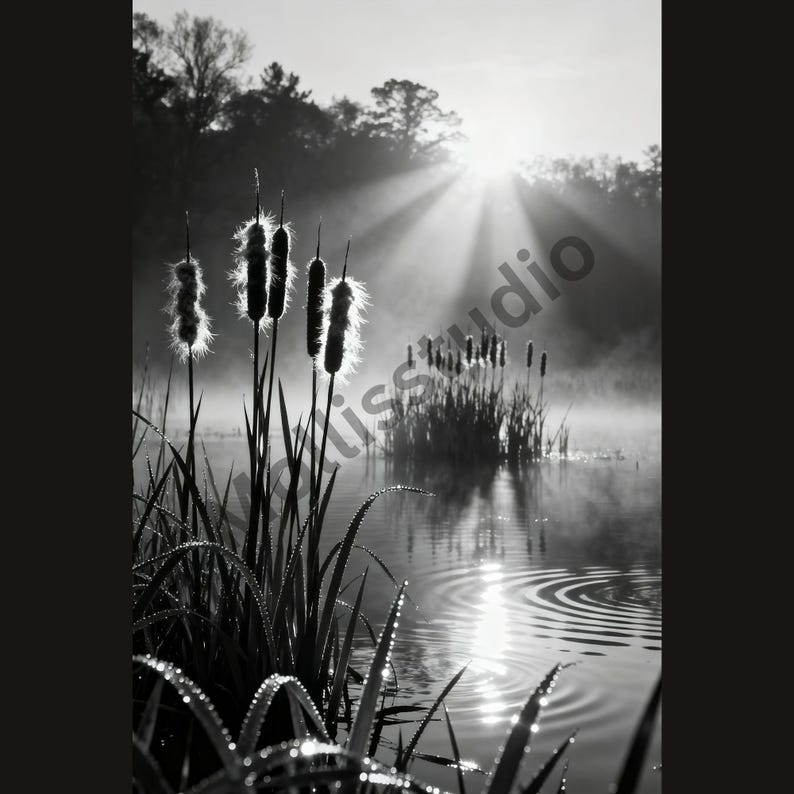 May include: A monochrome photograph of a tranquil lake scene at dawn. Reeds with fluffy seed heads are in the foreground, with water droplets on the blades of grass. The sun's rays shine through the trees, creating a peaceful atmosphere.
