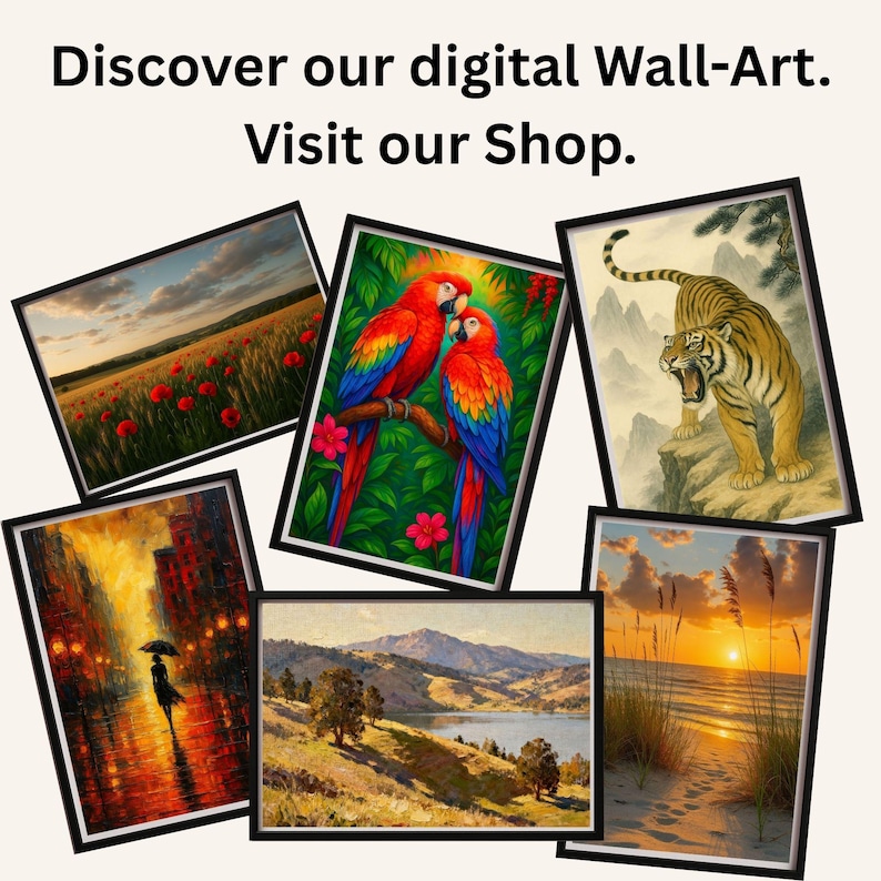 May include: A collection of six framed digital wall art prints featuring diverse scenes: a poppy field, two red parrots, a roaring tiger, a rainy city street, a mountain landscape, and a sunset beach. Text reads: Discover our digital Wall-Art. Visit our Shop.