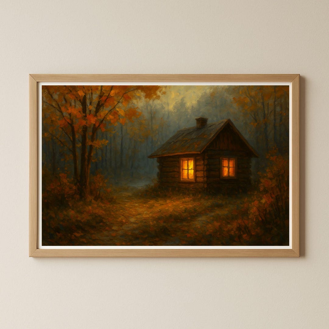 Autumn Forest Cabin Wall Art Poster Picture – Cozy Wooden House in ...