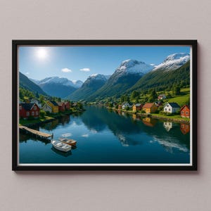 Wandbild Poster Bild TV-Frame– Norwegischer Fjord mit Booten und bunten Häusern – Landschaft mit Bergen im realistischen Stil – JPG, sze-34