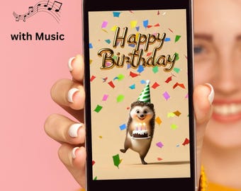 Biglietto di auguri elettronico animato di buon compleanno con musica – video di 8 secondi con simpatici coriandoli a forma di riccio per dispositivi mobili e social media – auguri digitali – HB-5