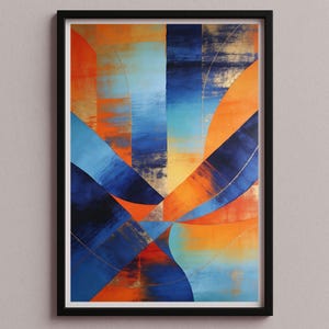 Könnte beinhalten: Abstrakter Kunstdruck in einem schwarzen Rahmen. Das Kunstwerk zeigt eine lebendige Komposition aus blauen, orangen und goldenen Farbtönen. Geometrische Formen und Pinselstriche erzeugen einen dynamischen visuellen Effekt. Die Farbpalette umfasst Schattierungen von Marineblau, Türkis und gebranntem Orange.
