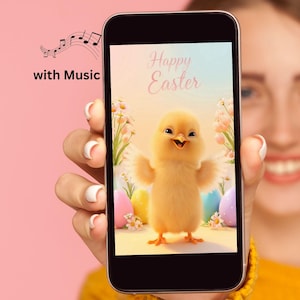 Peut inclure: Un smartphone affiche une image joyeuse sur le thème de Pâques. L'image présente un poussin jaune duveteux aux ailes déployées, entouré d'œufs de Pâques et de fleurs. Les mots "Happy Easter" sont écrits au-dessus du poussin. Le téléphone affiche également des notes de musique et les mots "with Music".