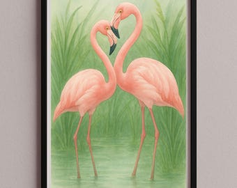 Flamingo Wall Art Poster Picture – Two Pink Flamingos in Watercolor Style – Romantic Digital Print JPG Tropical Wall Decor Download – an-49