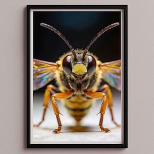 Op de afbeelding: Ingelijste close-upfoto van een bij. De bij is geel en zwart met oranje poten en grote, donkere ogen. De vleugels vertonen iriserende kleuren. De afbeelding is goed belicht en benadrukt de gedetailleerde kenmerken van de bij. De lijst is zwart.