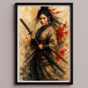 May include: Framed art print of a woman in traditional Japanese attire, holding a katana sword. The artwork features a blend of beige, red, and black tones, with a dynamic, painterly style. The woman has black hair and is looking directly at the viewer.