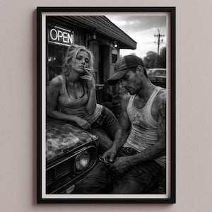 May include: Black and white framed print featuring a couple leaning on a car. The woman is smoking, and the man is looking down. A neon "OPEN" sign is visible above them, suggesting a roadside business.